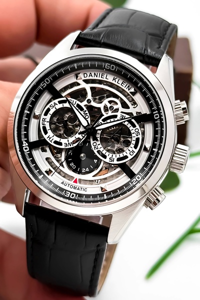 Daniel Klein Automatic Mechanism Leather Cord Steel Case Men Wrist Watch Black-Silver Zmdk1195