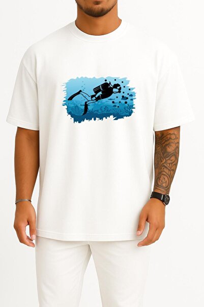 Bahriyeli Collection Oversize Scuba Diving Silhouette Chest Design Unisex T-S...