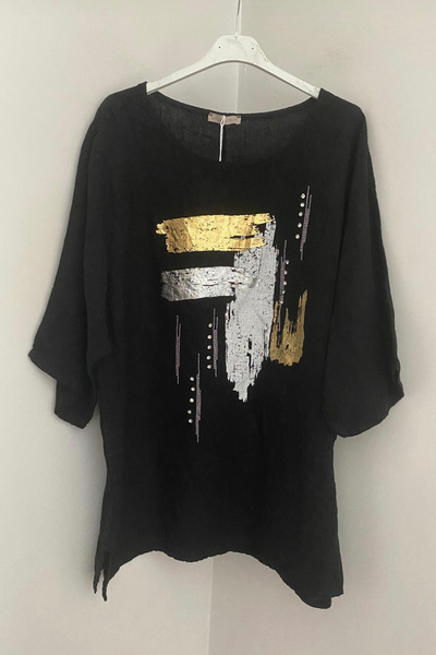 AYASOFYA OTANTIK Women's Italian Black Round Neck Foil Print Detailed Half Sleeve Oversize Loose 100% Linen Blouse