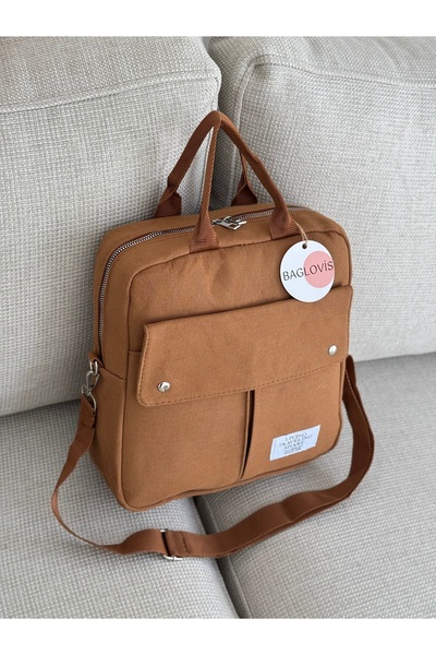 BAGLOVİS Multi Pocket Canvas Medium Size Taba Backpack En25 Boy30