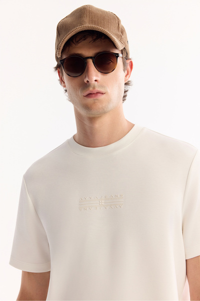Avva Men's Ecru Bi-Stretch Printed Interlock T-Shirt A52Y1018