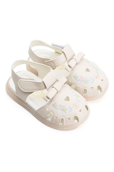 Mixbo - Children's Sandals with Velcro, Soft Insole, Heel Lights, Embroidered Flowers, Beige, 23 EU