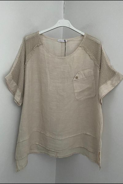 AYASOFYA OTANTIK Women's Italian Beige Round Neck Shoulder Mesh Detailed Asymmetrical Pocket Oversize Casual Linen Blouse Tunic