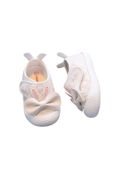 Mixbo Baby Shoes for First Steps with Velcro Closure, Soft Insole, Bow Detail, Cream, 20 EU