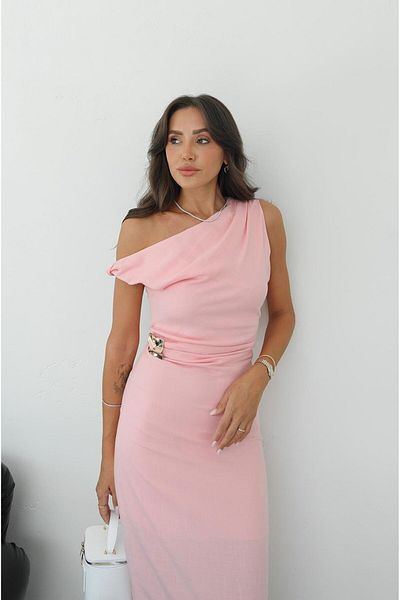 Havoş Pink Gather Detailed Gold Accessory Dress