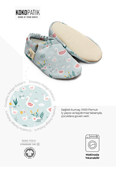 Kokopatik Organic Cotton Baby Booties, Anti-Slip Sole, Home Nursery Shoes, Blue Swan Pattern Booties