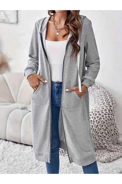 KİM Kİ O Women's Two Thread Gray Zipper Long Cardigan,Sweat