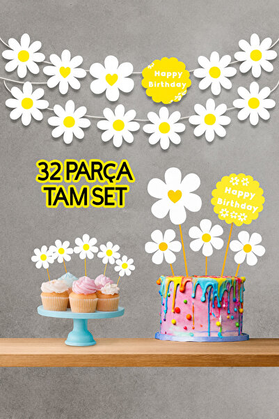 abjad Papatya 32 Parça Papatya Temalı Dev Set Doğum Günü Süsü Banner Pasta Kü...