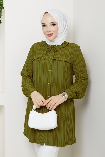 Pamuk Butik Women's Collar Detailed Ruffled Robe Shirt Oil Green