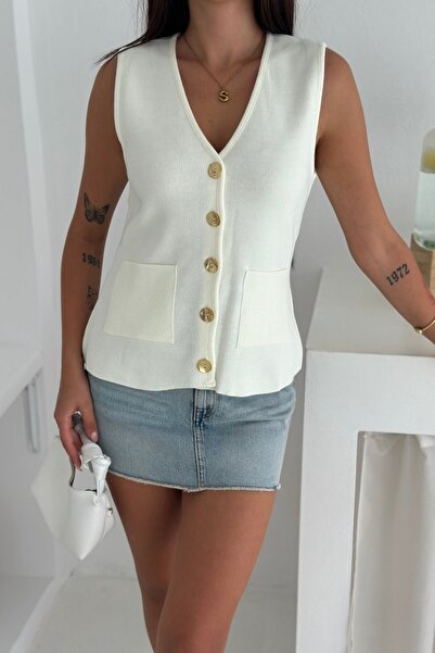 Noi Belis Basic V-Neck Pocket Detailed Knitwear Vest Aw25Yl0002