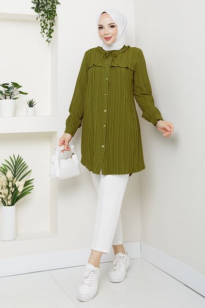 Pamuk Butik Women's Collar Detailed Ruffled Robe Shirt Oil Green