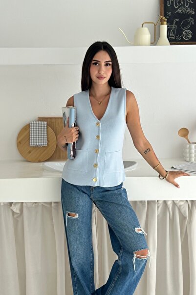 Noi Belis Basic V-Neck Pocket Detailed Knitwear Vest Aw25Yl0002