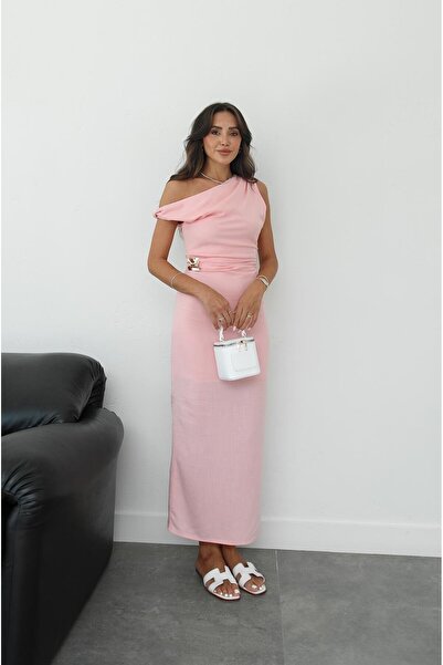 Havoş Pink Gather Detailed Gold Accessory Dress