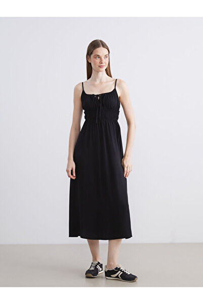 LC Waikiki فستان أسود بأربطة بحزام عنق على شكل حرف B مُفَصَّل عند الخصر