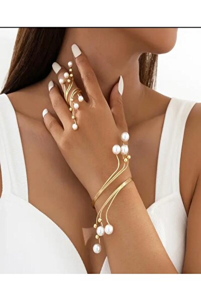 KANERUZ مجموعة مجوهرات سوار وخاتم بتصميم غصن اللؤلؤ الذهبي