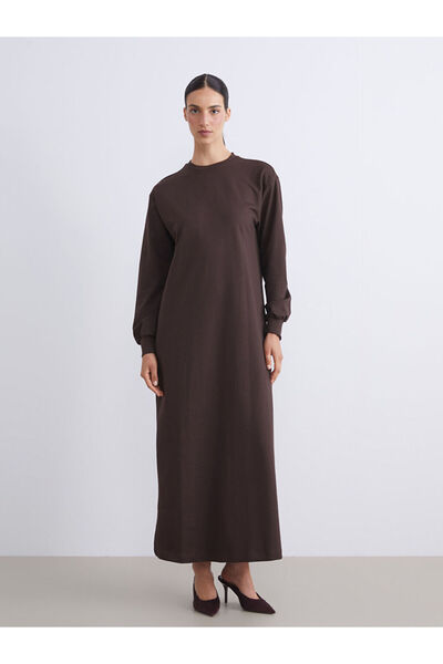 LC Waikiki Lcw Modest Brown Crew Neck Sweatshirt Dress