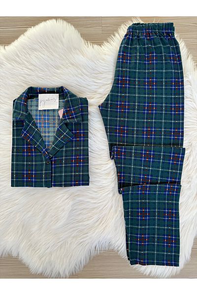 Pijamacs Green Plaid Patterned Suede Shirt Collar Long Sleeve Pajama Set