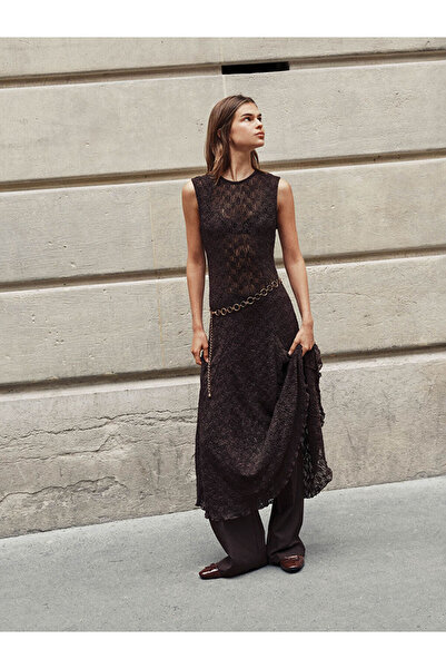 LC Waikiki Lcw Vision Brown Crew Neck Lace Dress