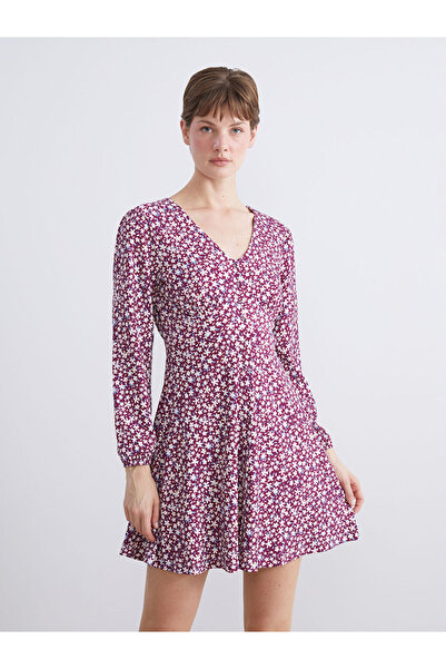 LC Waikiki Rochie mini florală cu decolteu în V bordeaux