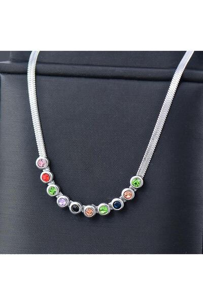 STAİNLES قلادة فضية اللون من الحجر الملون على شكل متعرجة