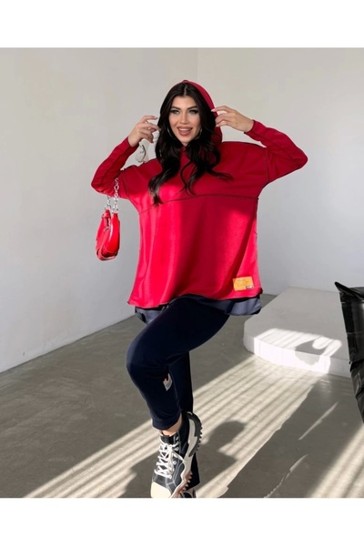 MODA55 Women's Red Hooded Double Suit with Hem Detail and Reverse Stitching