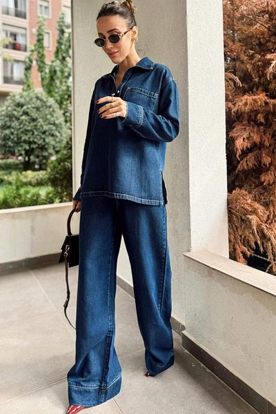trendalisse Women's Denim Shirt Elastic Waist Wide Leg Pants Bottom Top Set