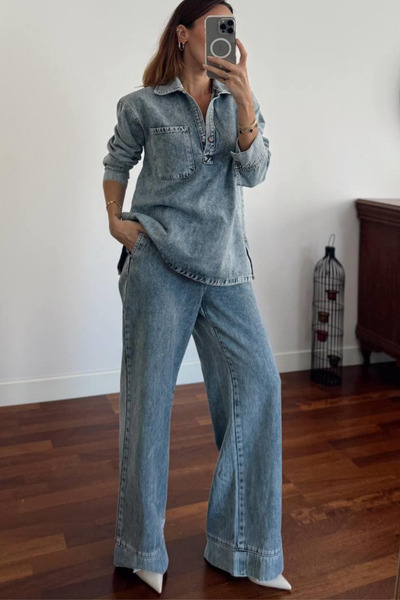 trendalisse Women's Denim Shirt Elastic Waist Wide Leg Pants Bottom Top Set