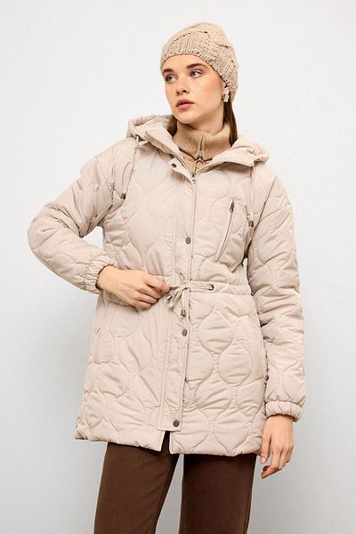 Olcay Hooded Waist Lace Short Quilted Coat Stone 6777