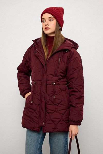 Olcay Hooded Waist Lace-Up Short Quilted Coat Bordo 6777
