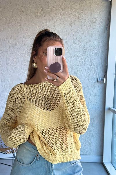 trendalisse Women's Yellow Mesh Boat Neck Mercerized Knitwear Blouse