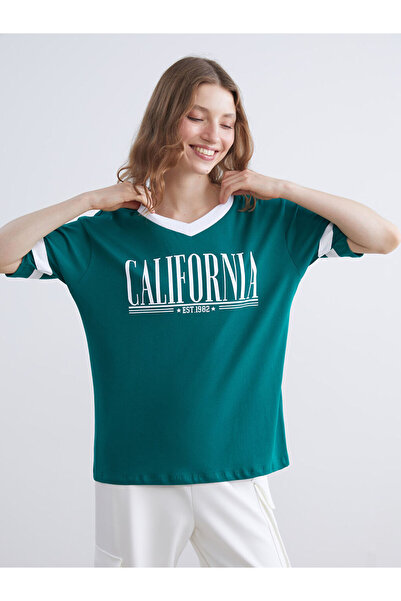 LC Waikiki Green V-Neck California Printed Oversize Women's T-Shirt