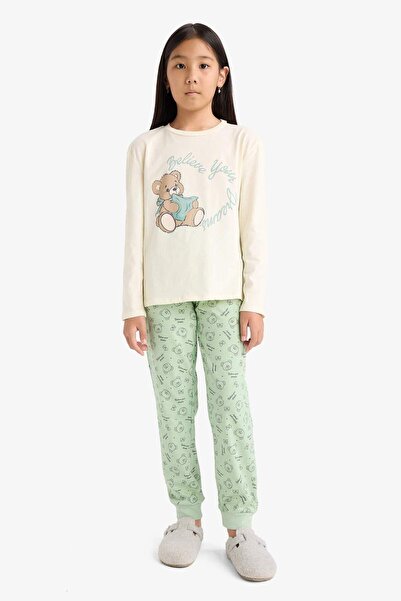 DeFacto Girls' Regular Fit 2-Piece Pajamas Set Printed Long Sleeve Top Patterned Long Bottom F6219A825Wn