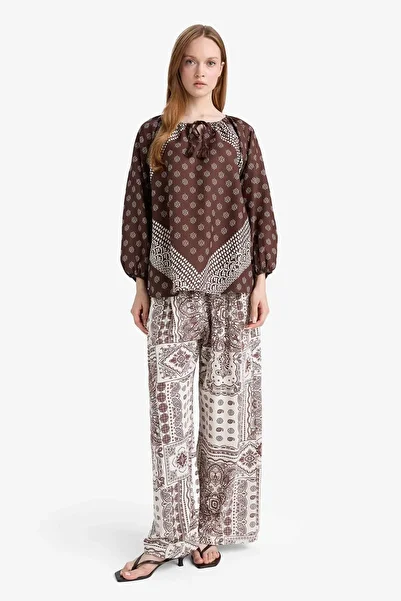 DeFacto Relax Fit Crew Neck Tie-Up Patterned Long Sleeve Blouse F9255Ax25Au