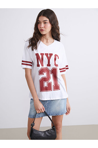 LC Waikiki Burgundy V-Neck New York Printed Oversize Women's T-Shirt