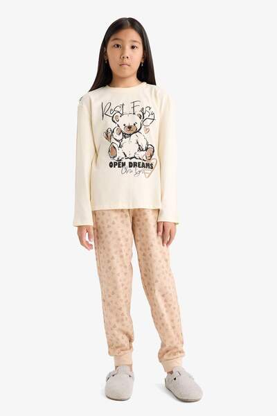 DeFacto Girls' Regular Fit 2-Piece Pajamas Set Printed Long Sleeve Top Patterned Long Bottom F6216A825Wn
