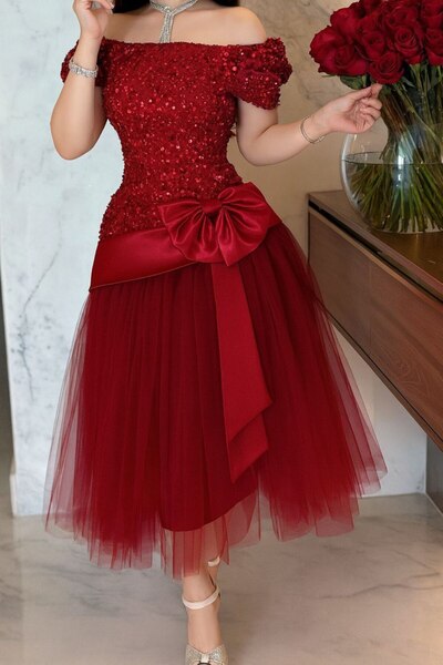 4YOU Elegant off-shoulder design embroidered satin bow midi dress