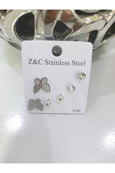Tasarım Steel Earrings 3-Piece Butterfly Ball Single Stone Model Silver Silver