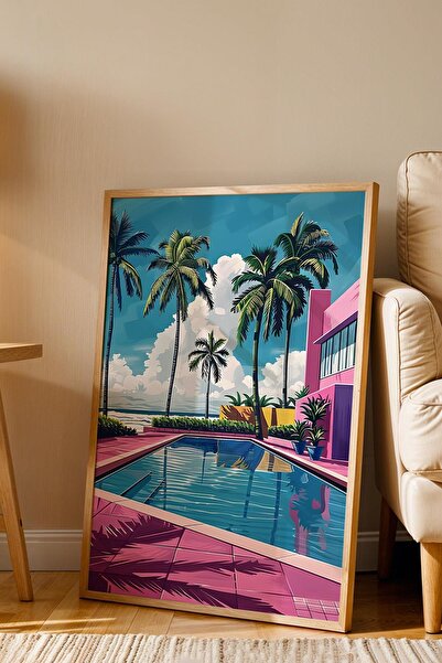 Saturn Miami Vice Style Retro Pool Scene Framed Painting - Pop Art Poster Painting
