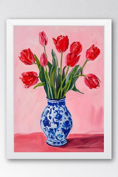 Saturn Red Tulips in Blue Vase Framed Painting - Pop Art Poster Painting