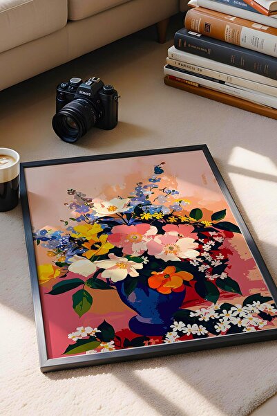 Saturn Colored Flowers in Blue Vase Framed Painting - Pop Art Poster Painting