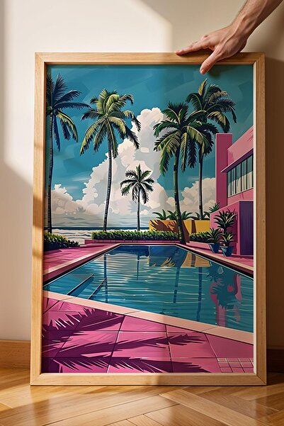 Saturn Miami Vice Style Retro Pool Scene Framed Painting - Pop Art Poster Painting
