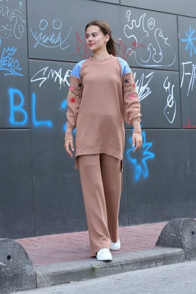 Işıltı kidss Shoulder Detailed Sleeve Embroidery Double Bottom Top Knitwear Set Mink