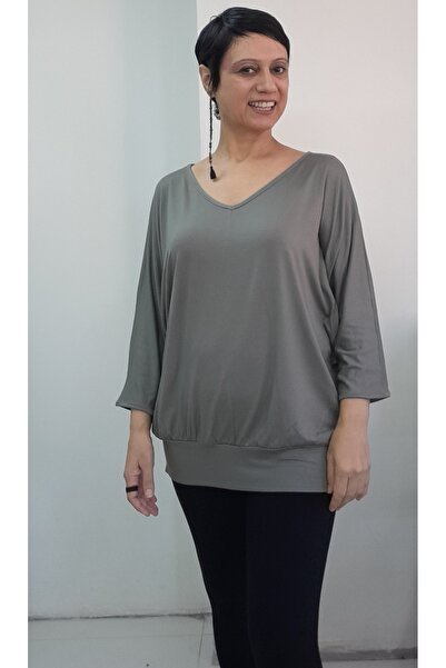Mertcan Butik Çağla Green V-Neck Bat Three-Quarter Sleeve Combed Viscose T-Shirt