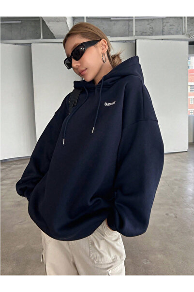 Revasser Unisex Erkek/Kadın Lacivert 22 Renkli Özel Baskılı Pamuklu Oversize Kapüşonlu Sweatshirt