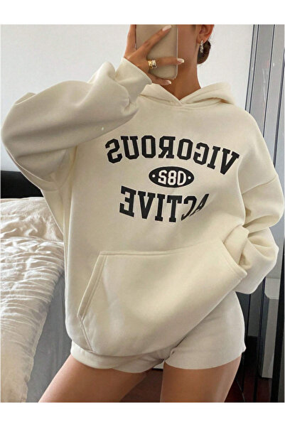 Revasser Unisex Erkek/Kadın ACTIVE Renkli Özel Baskılı Pamuklu Oversize Kapüşonlu Sweatshirt