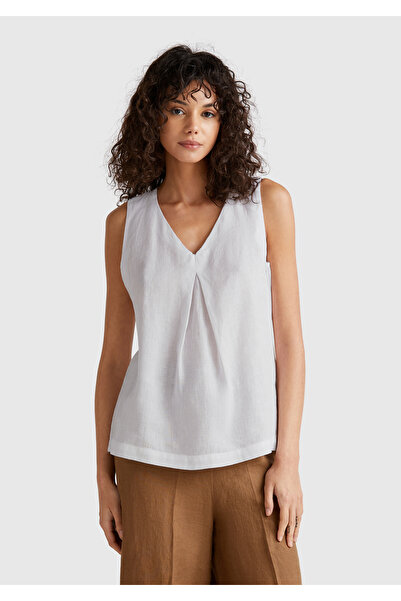 United Colors of Benetton Women's White 100% Linen V-Neck Sleeveless Wide Cut Blouse