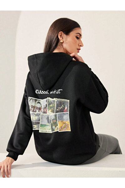 Revasser سويت شيرت بقلنسوة كبير الحجم من القطن مطبوع عليه ألوان كلاسيكية للجن...