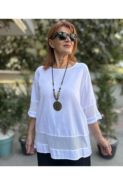 DenizEge Mesh Detailed Cotton Blouse White