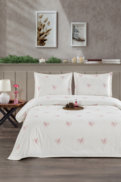 CANDAN ÇEYİZ Başak Ecru Powder Pink Leaf Embroidered Double Pique Coverlet 3 Piece Bedspread