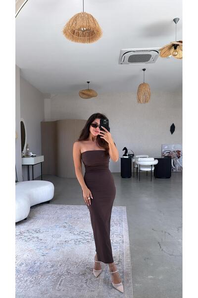 Buket Teke Brown Strapless Midi Length Stretch Pencil Dress
